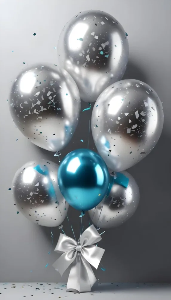 A Group Of Silver And Teal Balloons With Confetti Inside Floating Against A Gray Background 22 1437