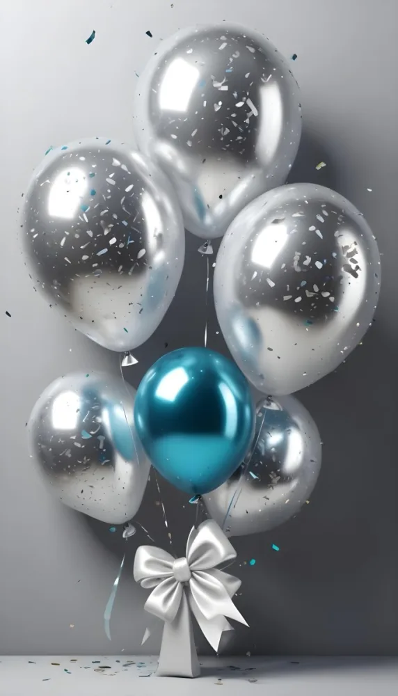 A Group Of Silver And Teal Balloons With Confetti Inside Floating Against A Gray Background 28 Ca09