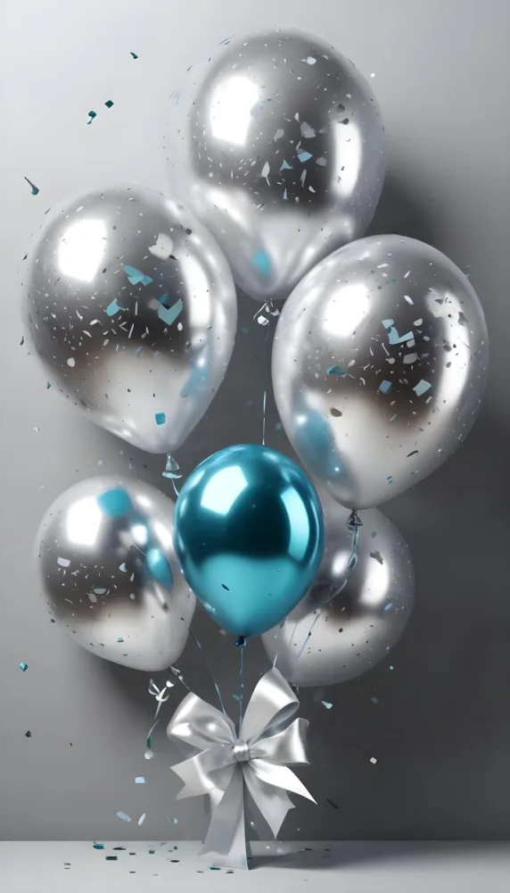 A Group Of Silver And Teal Balloons With Confetti Inside Floating Against A Gray Background 31 05a8