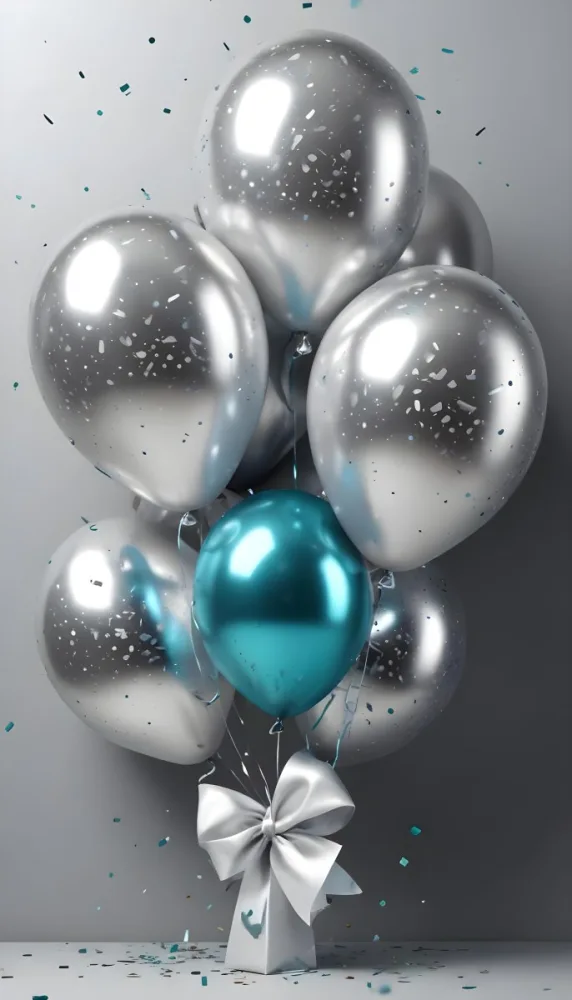 A Group Of Silver And Teal Balloons With Confetti Inside Floating Against A Gray Background 37 E894
