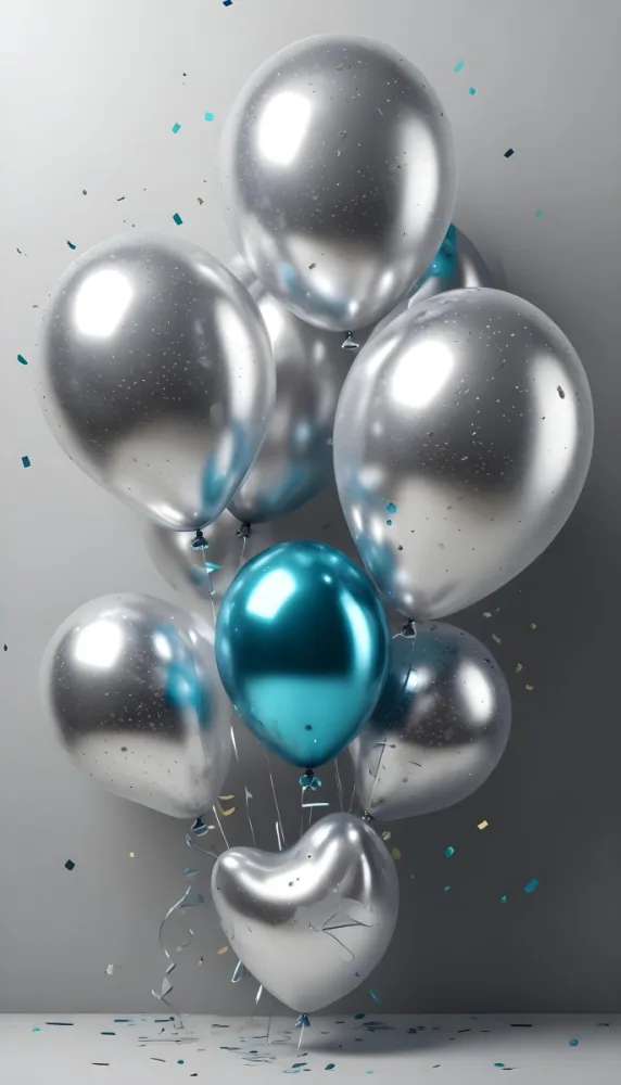 A Group Of Silver And Teal Balloons With Confetti Inside Floating Against A Gray Background 40 E758