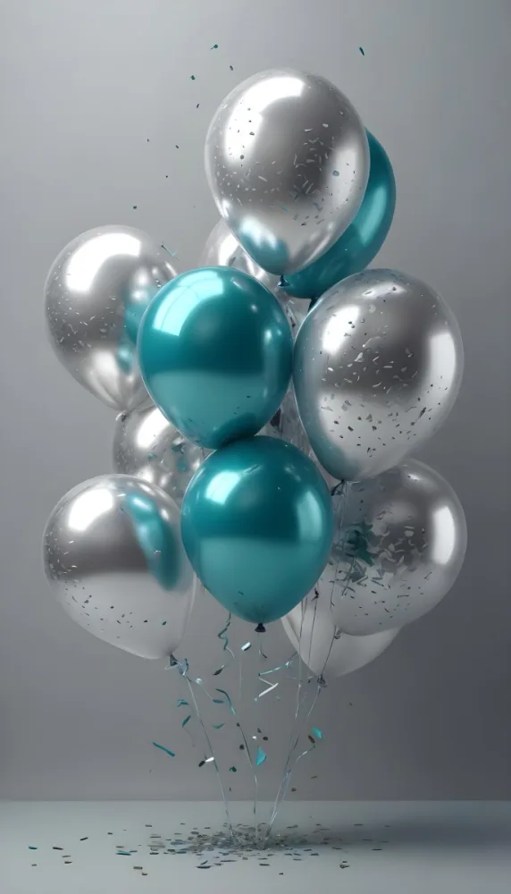 A Group Of Silver And Teal Balloons With Confetti Inside Floating Against A Gray Background 56 Df77