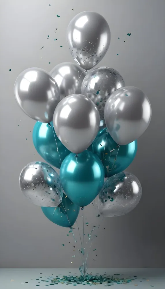 A Group Of Silver And Teal Balloons With Confetti Inside Floating Against A Gray Background 72 45d4