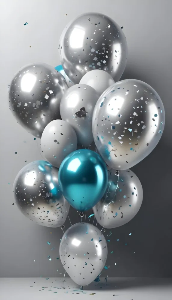 A Group Of Silver And Teal Balloons With Confetti Inside Floating Against A Gray Background 76 3cf1