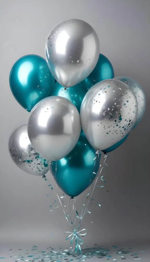 A Group Of Silver And Teal Balloons With Confetti Inside Floating Against A Gray Background 85 Cae3