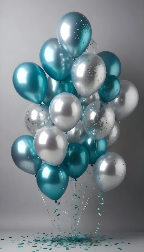A Group Of Silver And Teal Balloons With Confetti Inside Floating Against A Gray Background 89 B29f