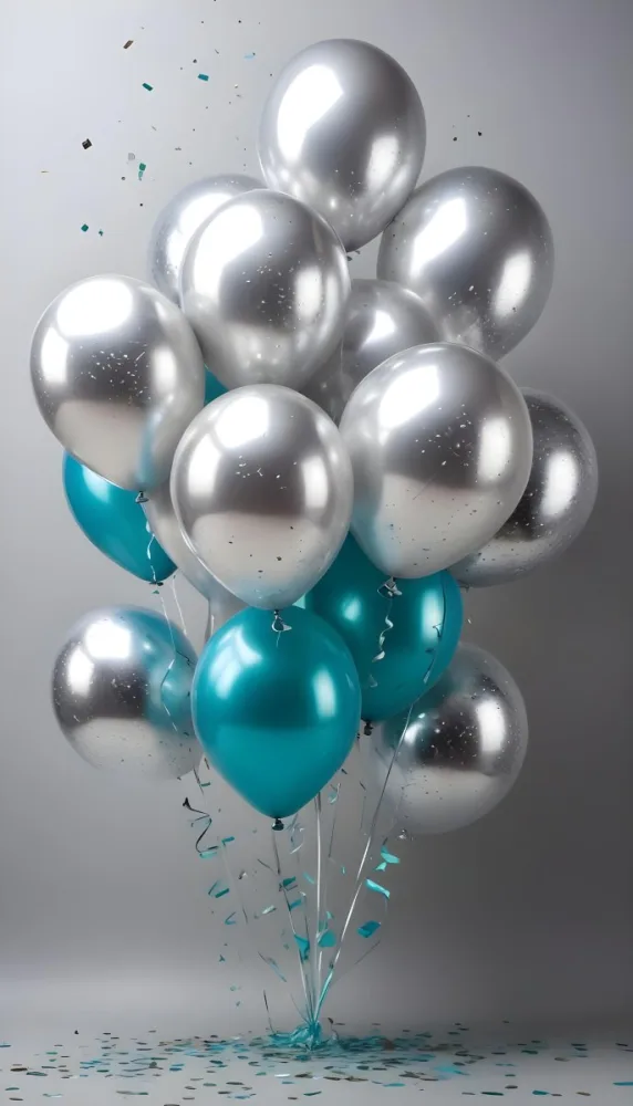 A Group Of Silver And Teal Balloons With Confetti Inside Floating Against A Gray Background 90 2616