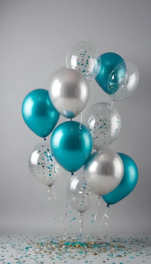 A Group Of Silver And Teal Balloons With Confetti Inside Floating Against A Gray Background 91 65e7