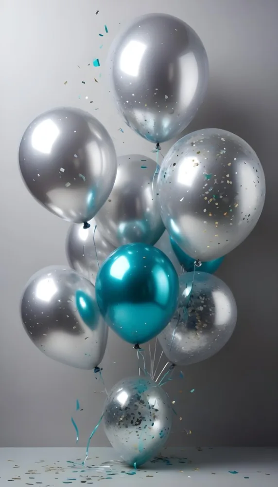 A Group Of Silver And Teal Balloons With Confetti Inside Floating Against A Gray Background 92 Ea8c