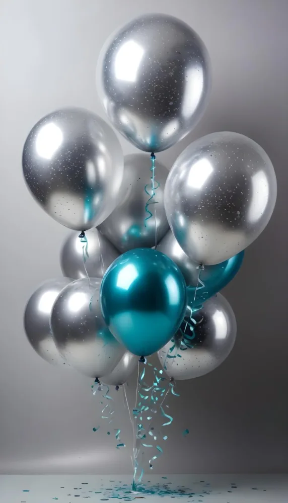 A Group Of Silver And Teal Balloons With Confetti Inside Floating Against A Gray Background 95 Eec4
