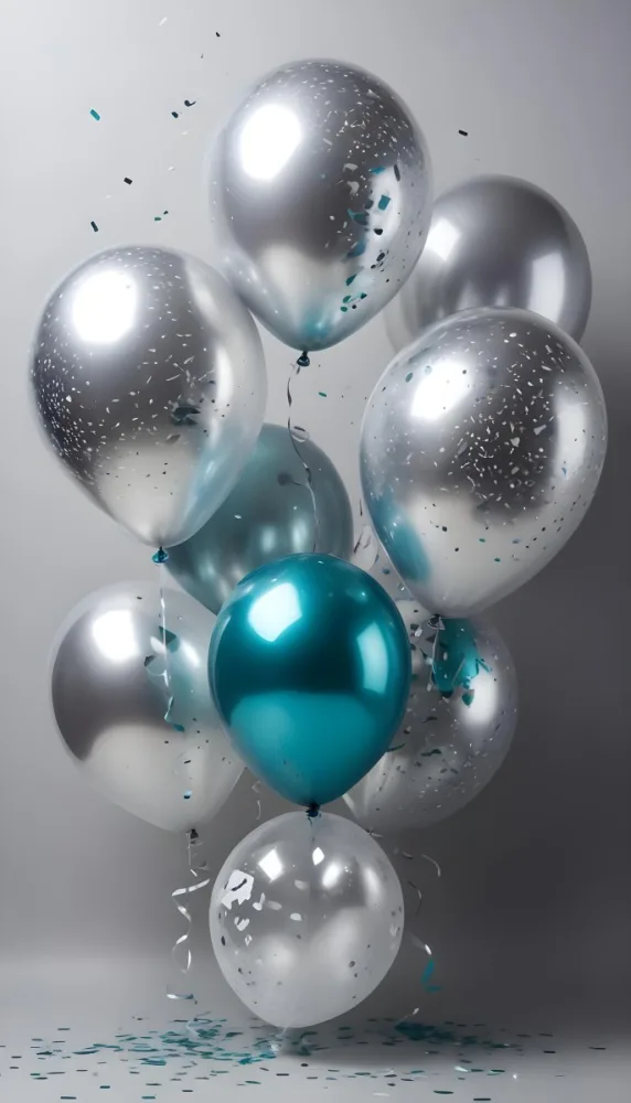 A Group Of Silver And Teal Balloons With Confetti Inside Floating Against A Gray Background 96 3aa4