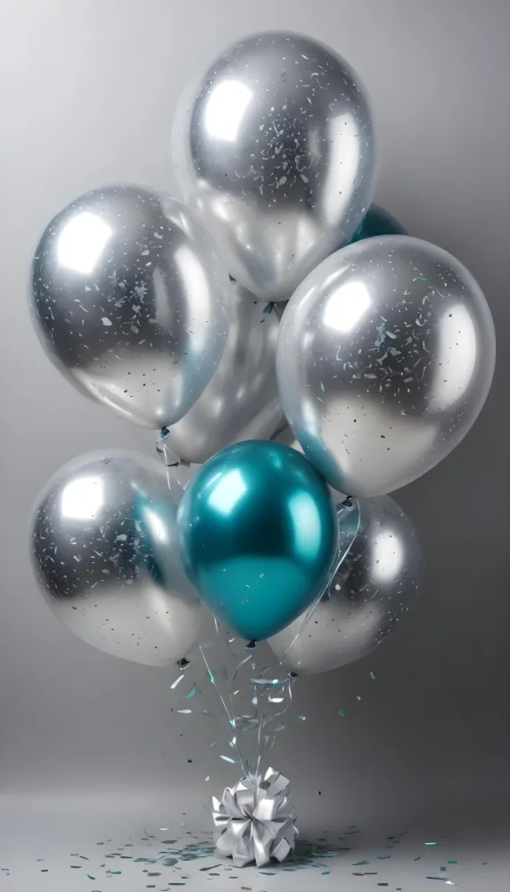 A Group Of Silver And Teal Balloons With Confetti Inside Floating Against A Gray Background 98 3316