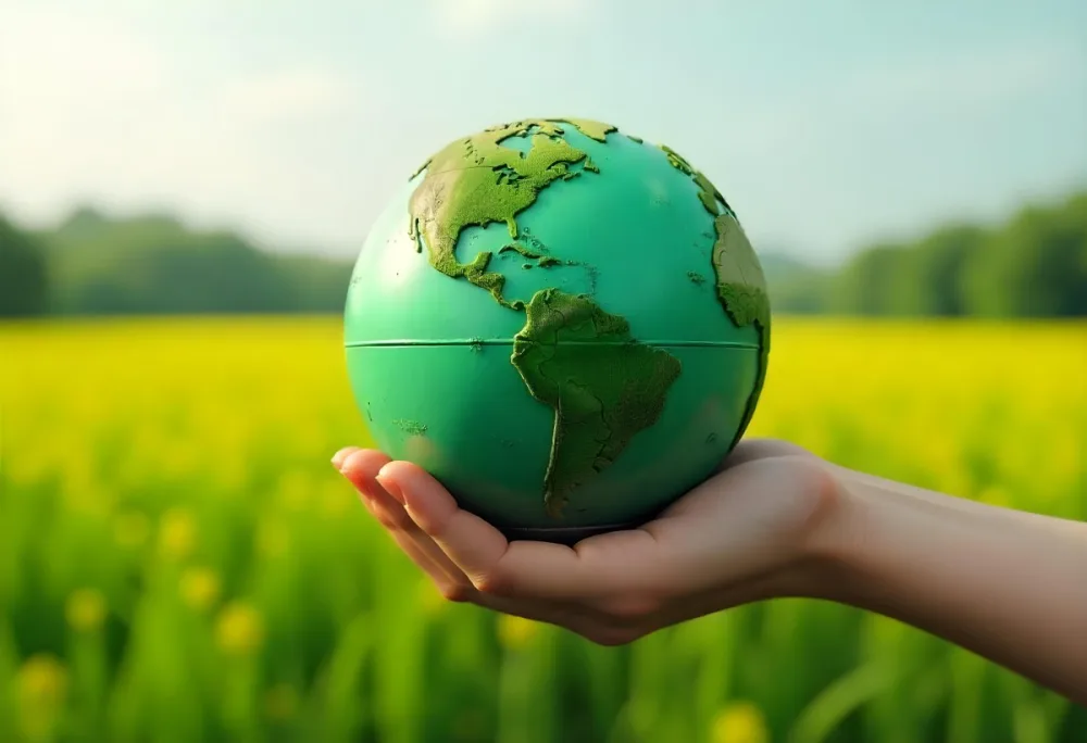 A Hand Holding A Green Earth Globe The Globe Shows The American Continent In The Background A Blurred Green And Yellow Field 11 292a