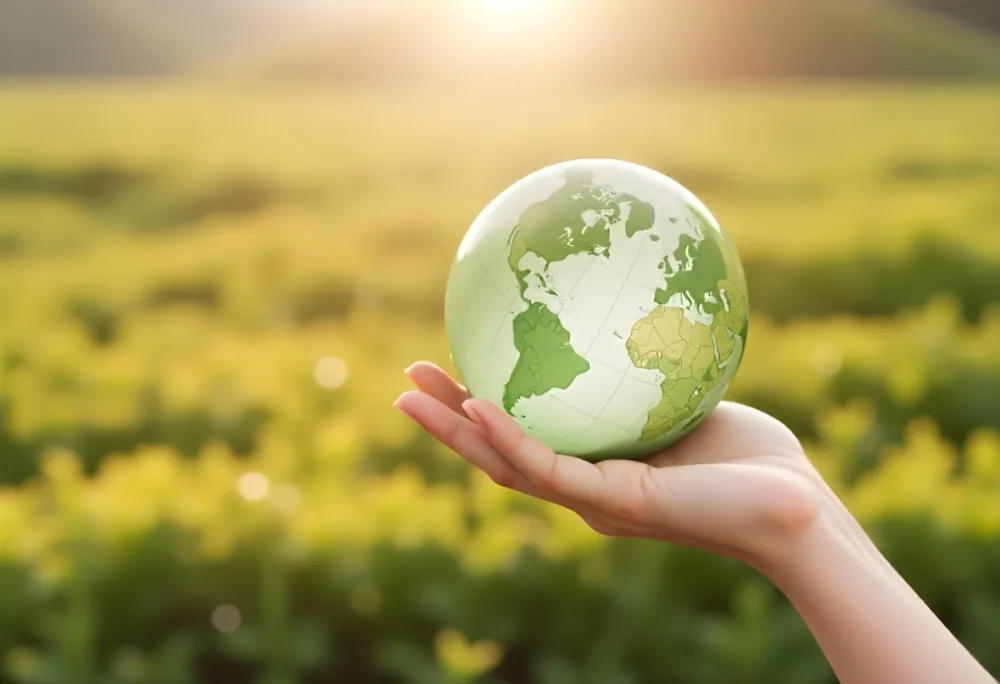 A Hand Holding A Green Earth Globe The Globe Shows The American Continent In The Background A Blurred Green And Yellow Field 12 7234