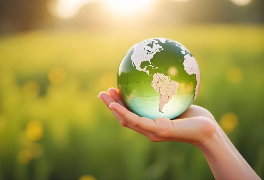 A Hand Holding A Green Earth Globe The Globe Shows The American Continent In The Background A Blurred Green And Yellow Field 13 5c1b