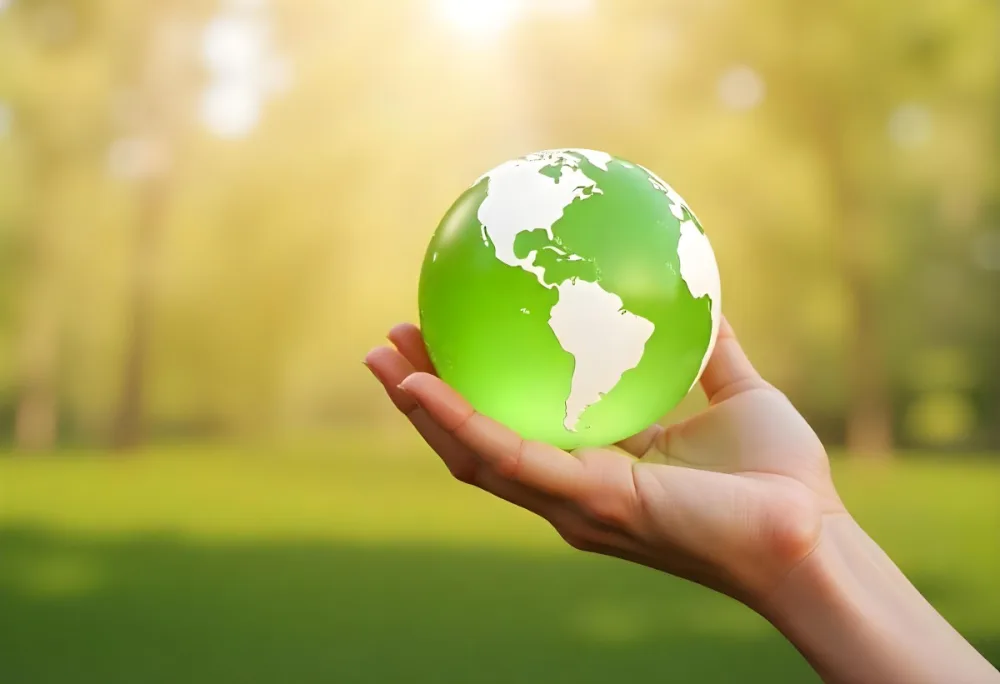 A Hand Holding A Green Earth Globe The Globe Shows The American Continent In The Background A Blurred Green And Yellow Field 15 83b5