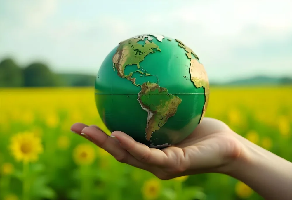 A Hand Holding A Green Earth Globe The Globe Shows The American Continent In The Background A Blurred Green And Yellow Field 2 C837