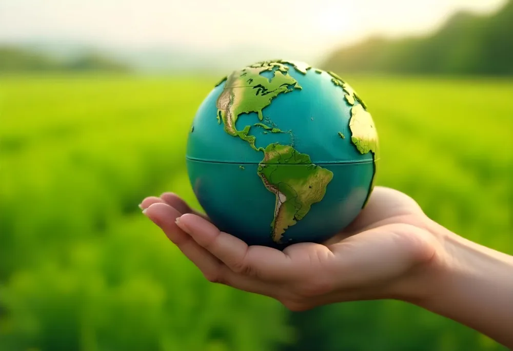 A Hand Holding A Green Earth Globe The Globe Shows The American Continent In The Background A Blurred Green And Yellow Field 3 0dcd