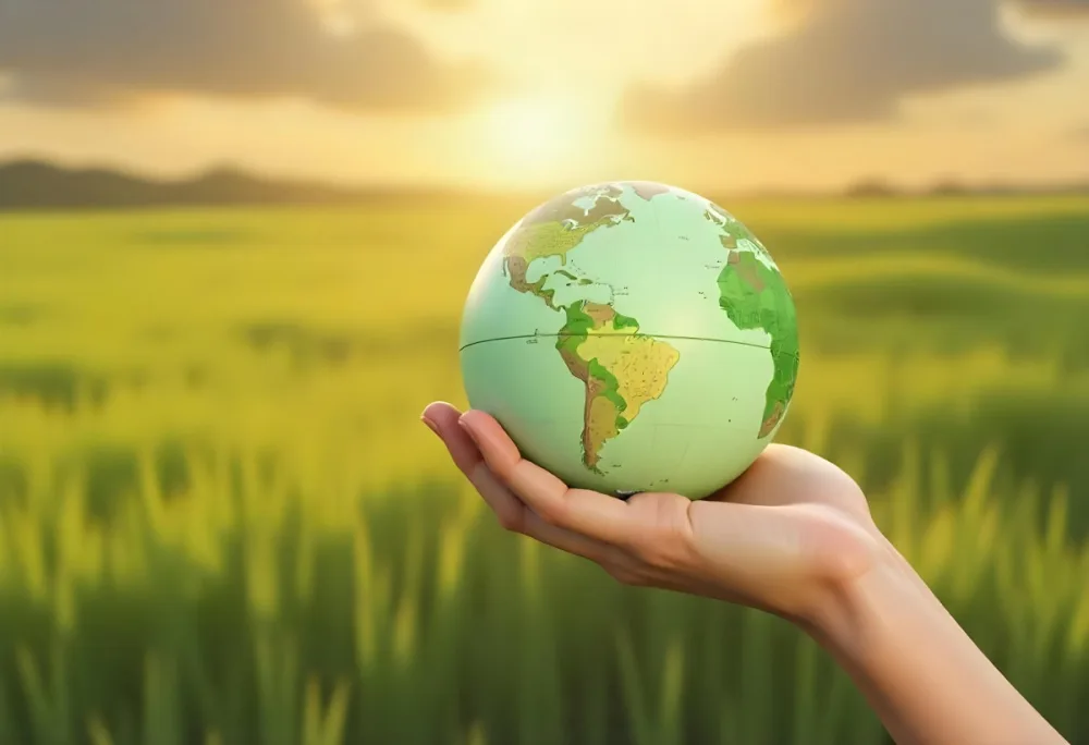 A Hand Holding A Green Earth Globe The Globe Shows The American Continent In The Background A Blurred Green And Yellow Field 4 A33a
