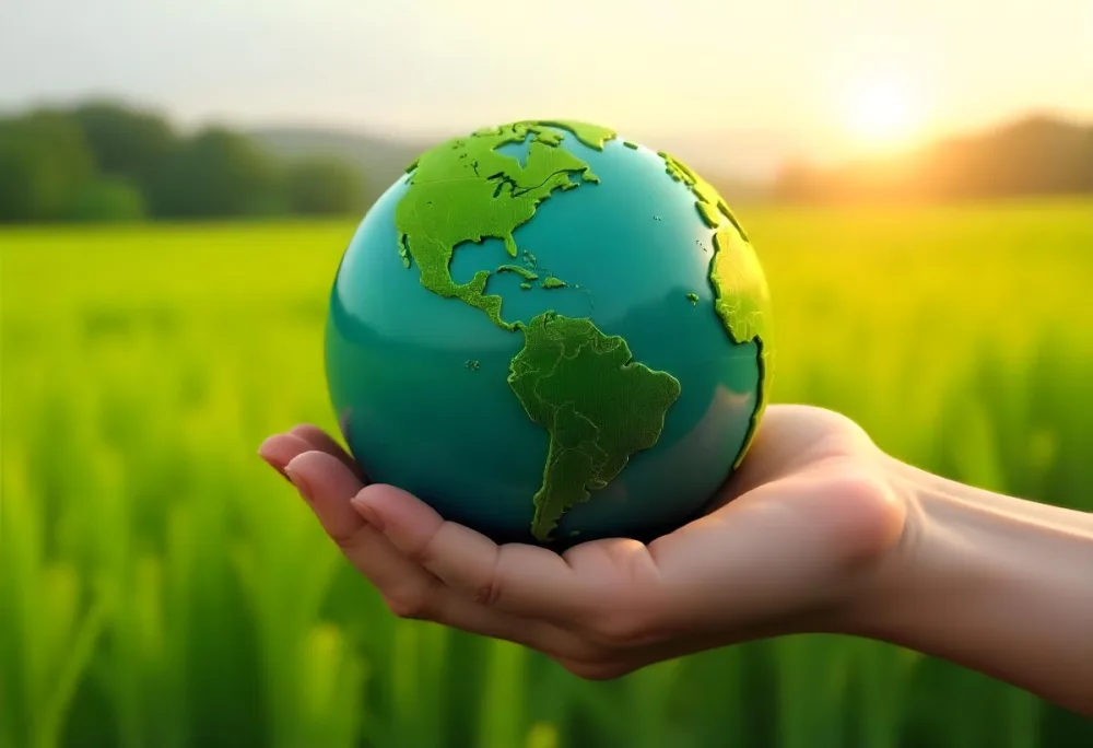A Hand Holding A Green Earth Globe The Globe Shows The American Continent In The Background A Blurred Green And Yellow Field 6 4463