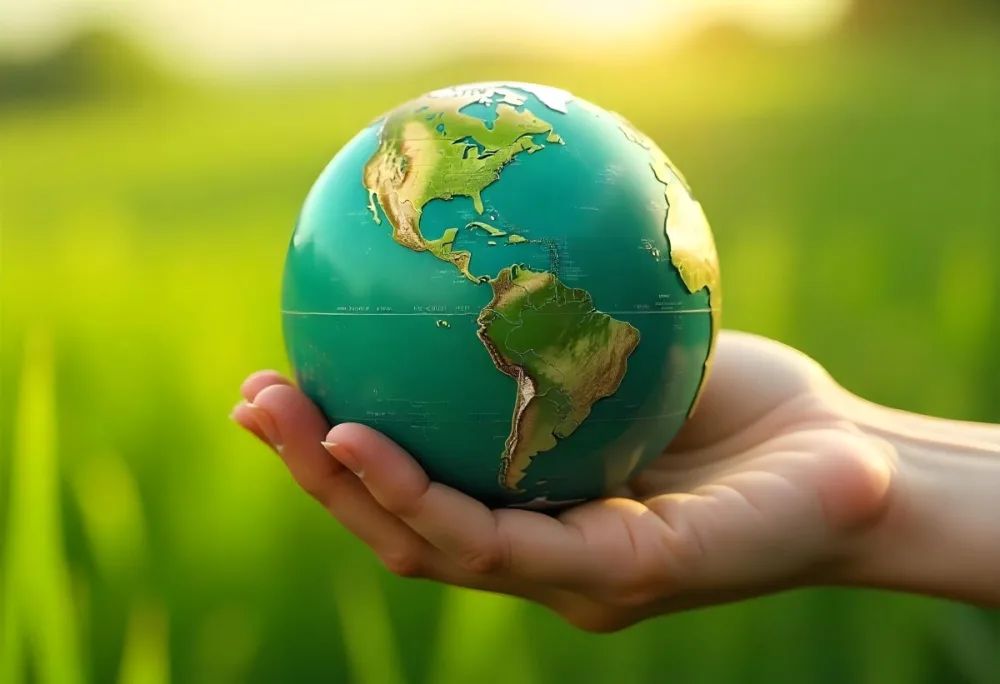 A Hand Holding A Green Earth Globe The Globe Shows The American Continent In The Background A Blurred Green And Yellow Field 7 Dd97