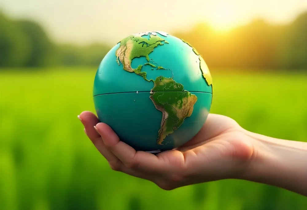 A Hand Holding A Green Earth Globe The Globe Shows The American Continent In The Background A Blurred Green And Yellow Field 8 9e98