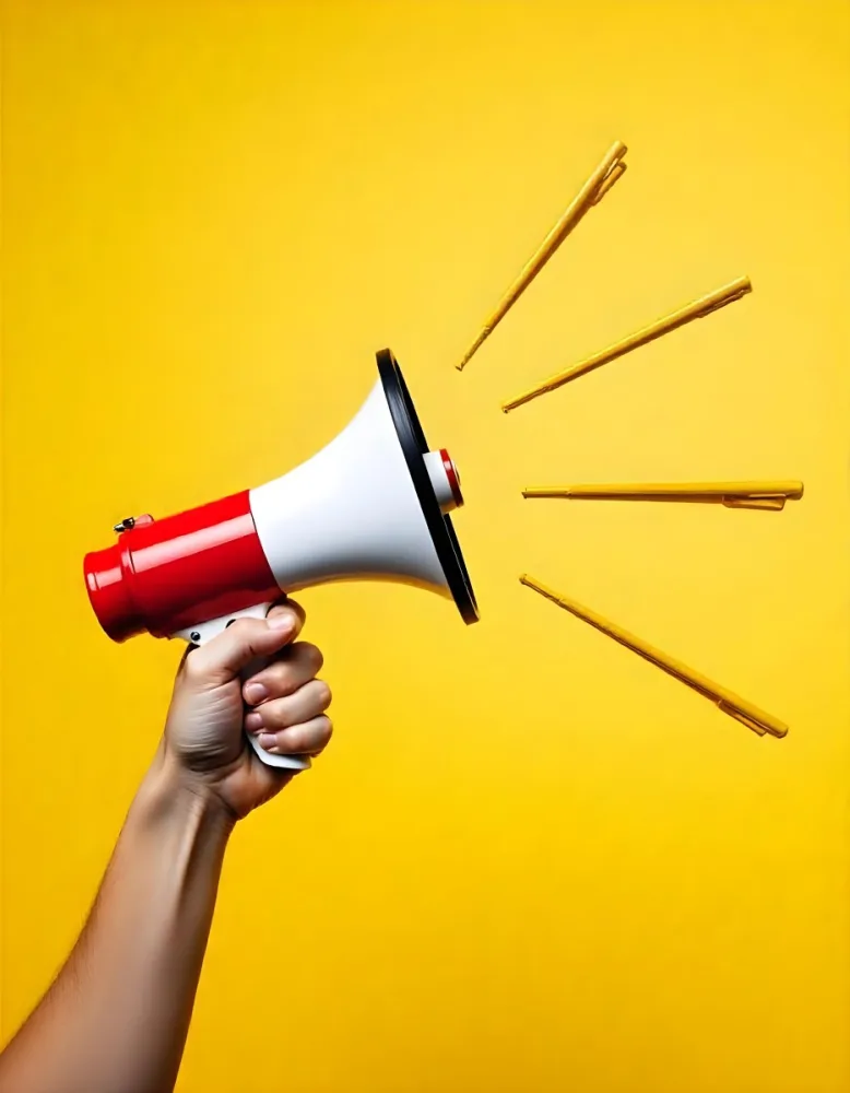 A Hand Holding A Red And White Megaphone With Yellow Rays Coming Out Of It White Background 7 Beba