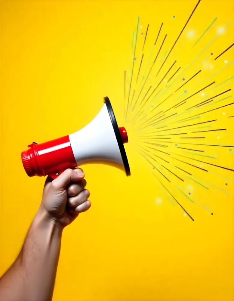 A Hand Holding A Red And White Megaphone With Yellow Rays Coming Out Of It White Background 8 7657