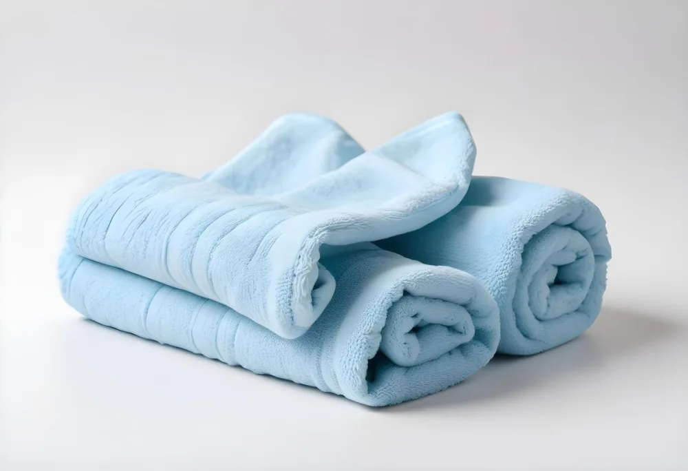 A Light Blue Towel Terrycloth Texture Folded And Crumpled Soft And Absorbent For Drying Or Cleaning On A White Background 5 Be57