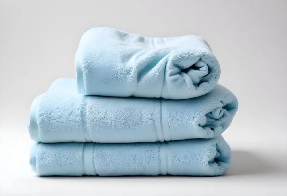 A Light Blue Towel Terrycloth Texture Folded And Crumpled Soft And Absorbent For Drying Or Cleaning On A White Background 6 874d
