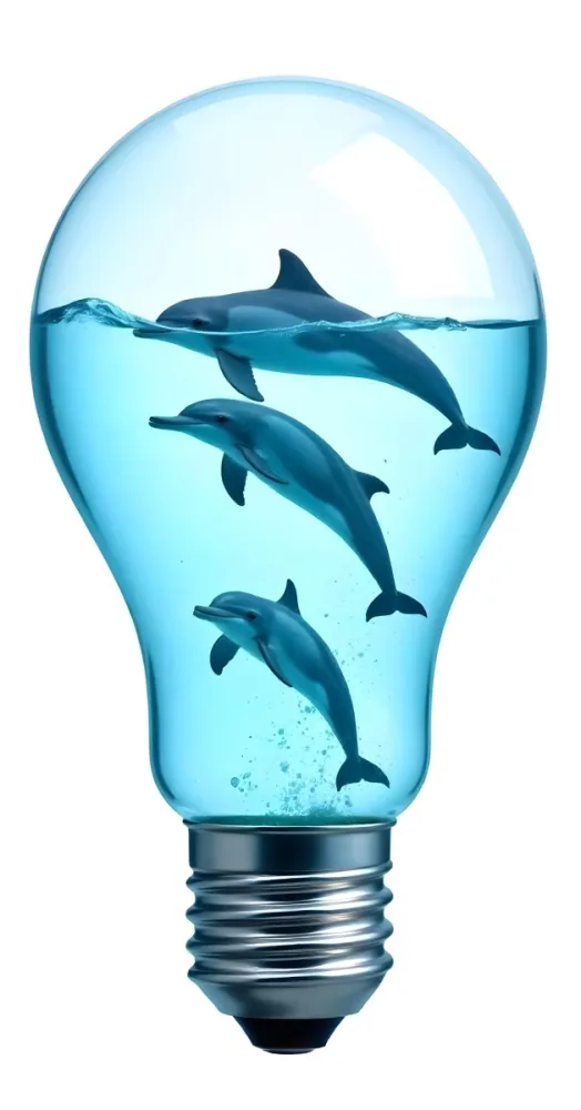 A Light Bulb Filled With Water And Dolphins Swimming Inside The Background Is Plain White The Light Bulb Base Is Silver 20 8231