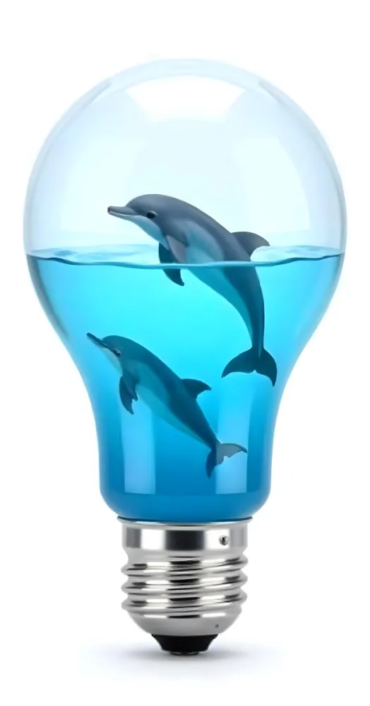 A Light Bulb Filled With Water And Dolphins Swimming Inside The Background Is Plain White The Light Bulb Base Is Silver 21 Eb08