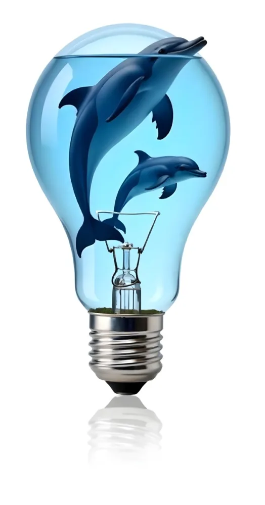 A Light Bulb Filled With Water And Dolphins Swimming Inside The Background Is Plain White The Light Bulb Base Is Silver 22 8ed3