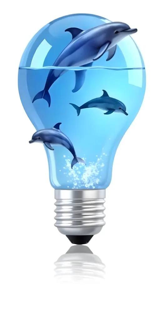 A Light Bulb Filled With Water And Dolphins Swimming Inside The Background Is Plain White The Light Bulb Base Is Silver 23 2030