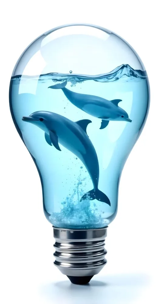A Light Bulb Filled With Water And Dolphins Swimming Inside The Background Is Plain White The Light Bulb Base Is Silver 3 3ed3