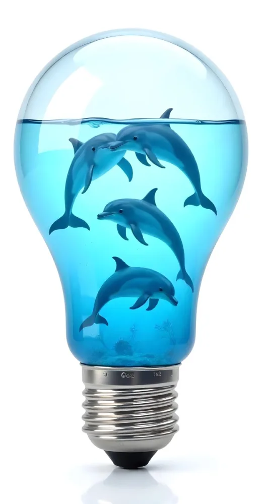 A Light Bulb Filled With Water And Dolphins Swimming Inside The Background Is Plain White The Light Bulb Base Is Silver 6 A3f9