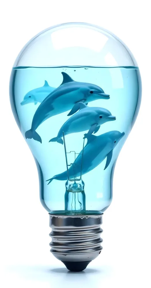 A Light Bulb Filled With Water And Dolphins Swimming Inside The Background Is Plain White The Light Bulb Base Is Silver 7 96ea