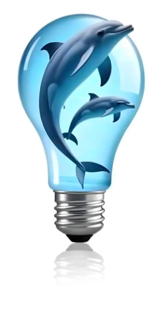 A Light Bulb Filled With Water And Dolphins Swimming Inside The Background Is Plain White The Light Bulb Base Is Silver 8 E336