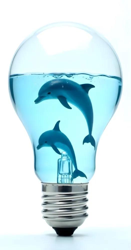 A Light Bulb Filled With Water And Dolphins Swimming Inside The Background Is Plain White The Light Bulb Base Is Silver 9 Bf86