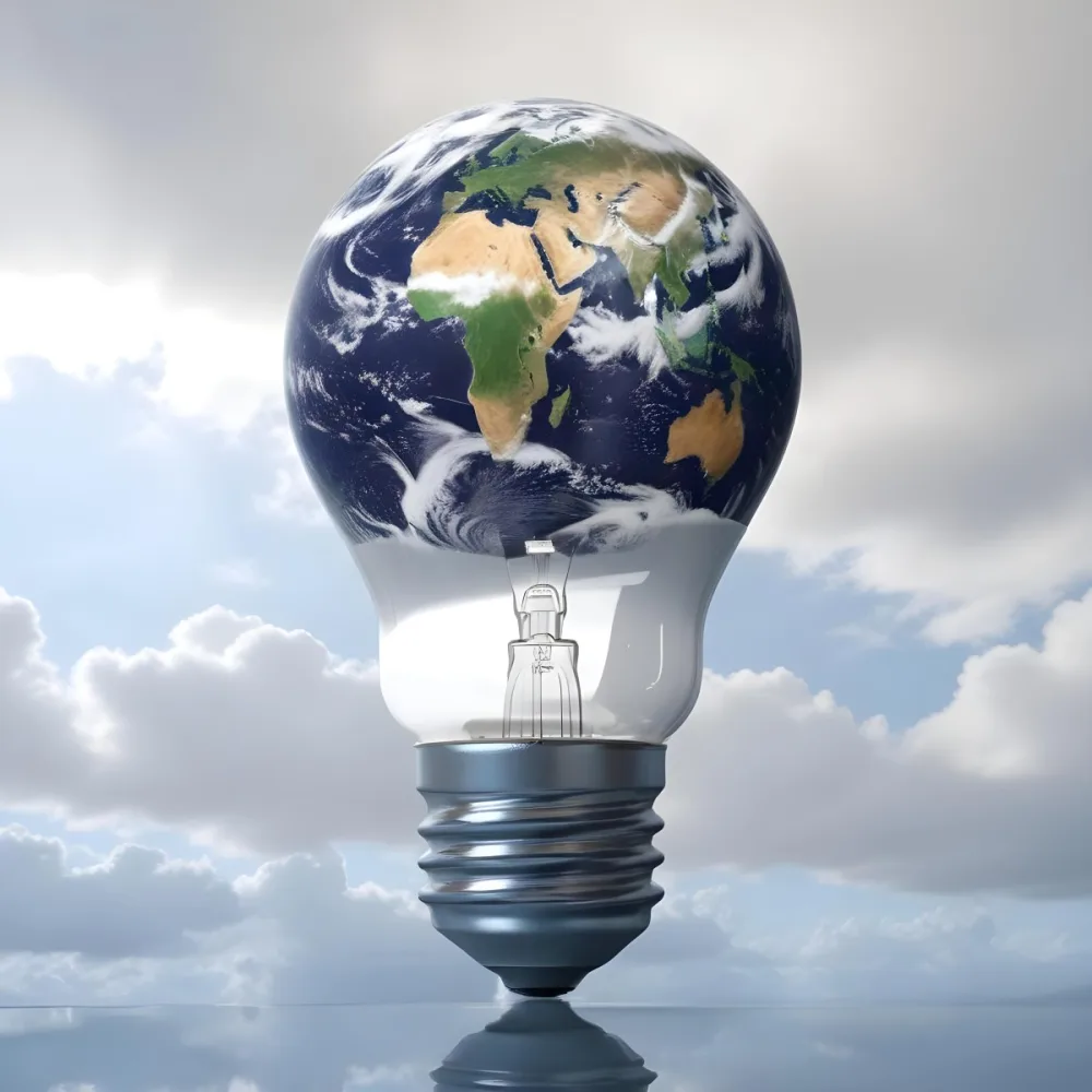A Light Bulb With The Earth As The Bulb The Base Is White And Metallic In A Cloudy Sky Background 11 D2eb