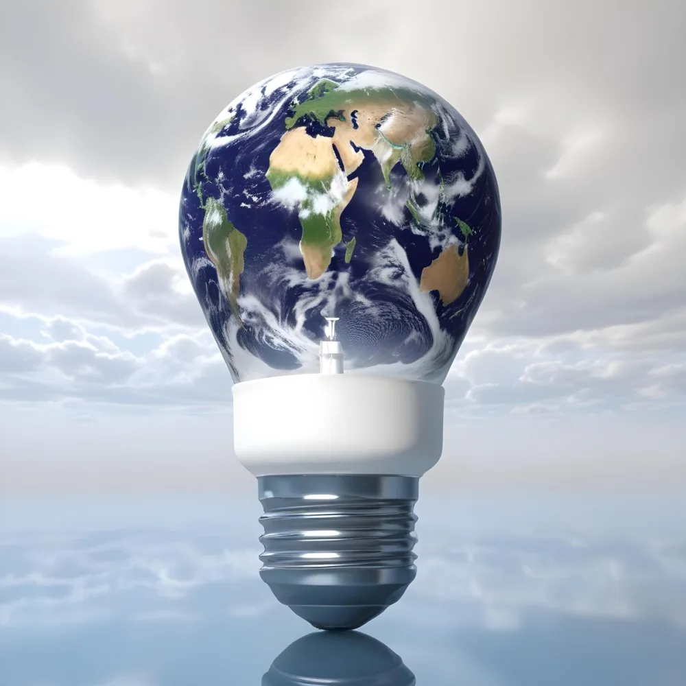 A Light Bulb With The Earth As The Bulb The Base Is White And Metallic In A Cloudy Sky Background 20 0f69