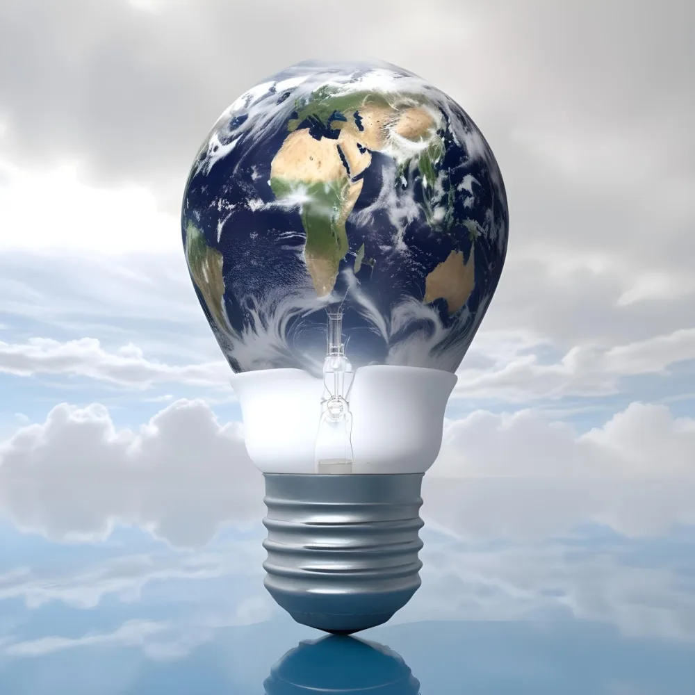A Light Bulb With The Earth As The Bulb The Base Is White And Metallic In A Cloudy Sky Background 24 77d4
