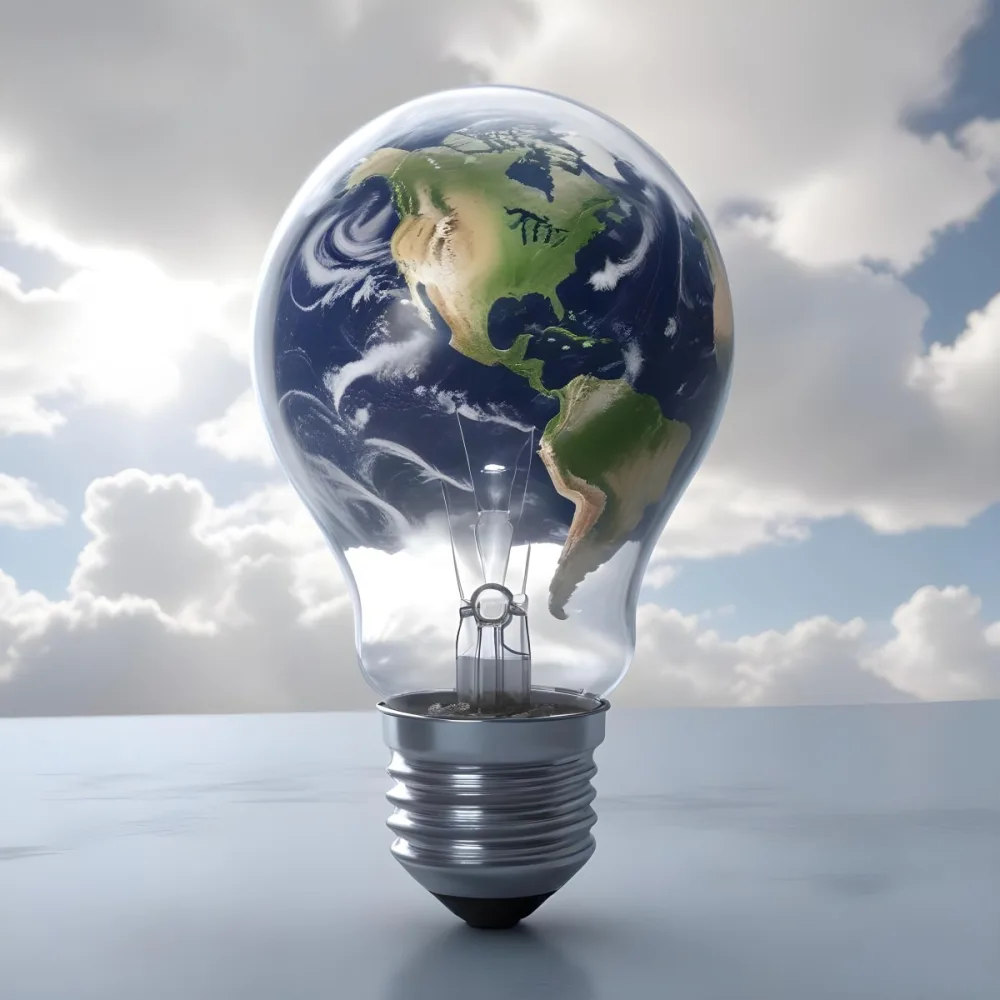 A Light Bulb With The Earth As The Bulb The Base Is White And Metallic In A Cloudy Sky Background 28 6899