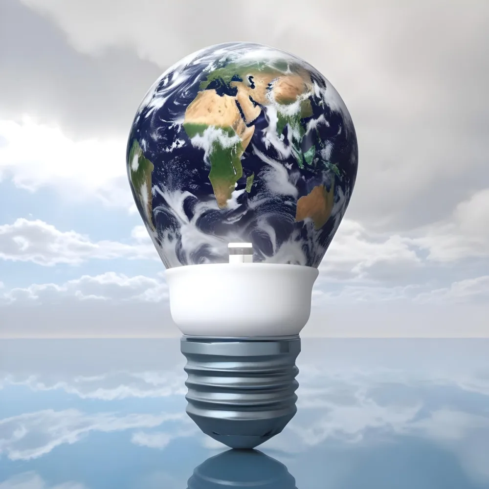 A Light Bulb With The Earth As The Bulb The Base Is White And Metallic In A Cloudy Sky Background 32 9e04