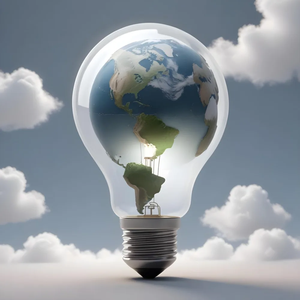 A Light Bulb With The Earth As The Bulb The Base Is White And Metallic In A Cloudy Sky Background 33 E8f3