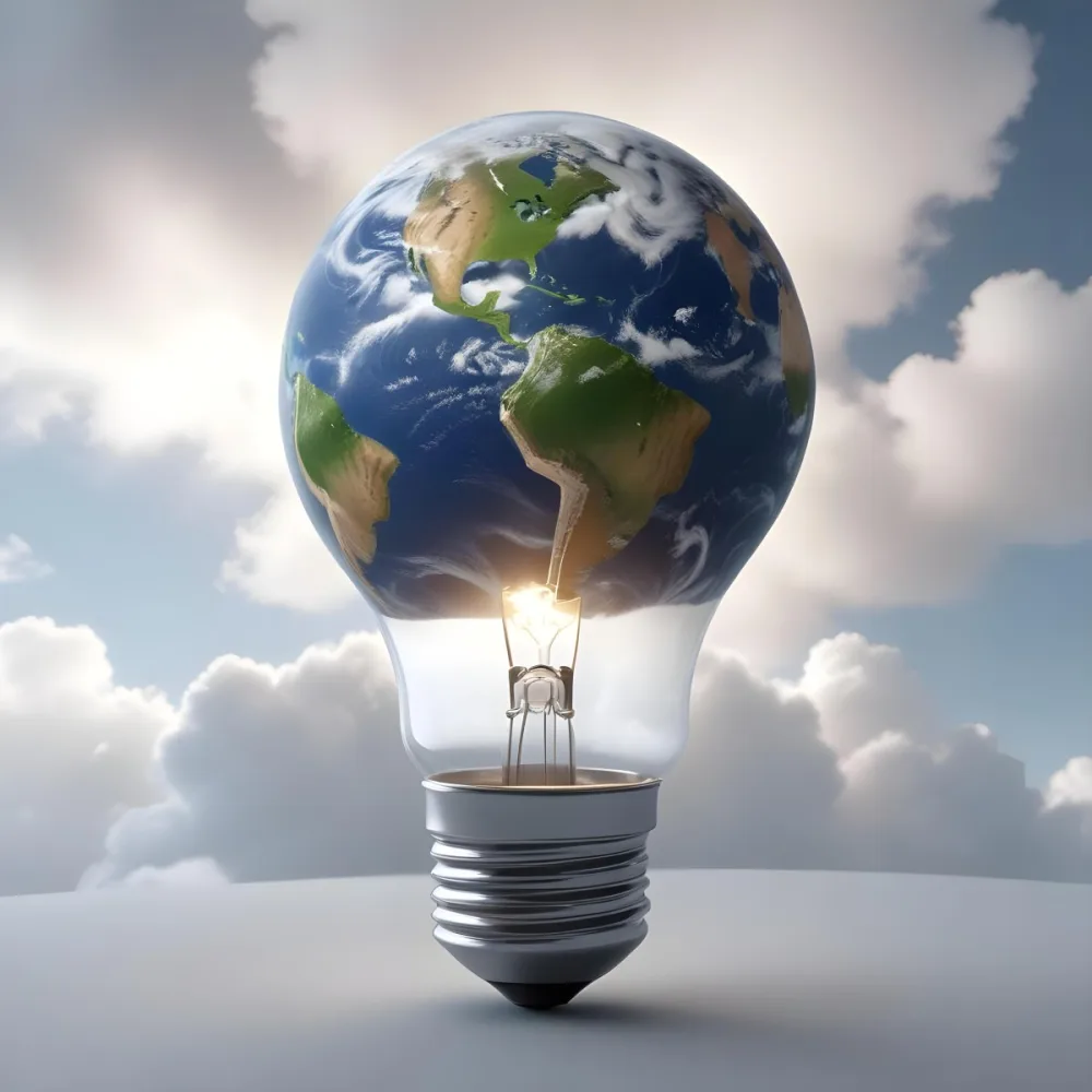 A Light Bulb With The Earth As The Bulb The Base Is White And Metallic In A Cloudy Sky Background 34 Fe02