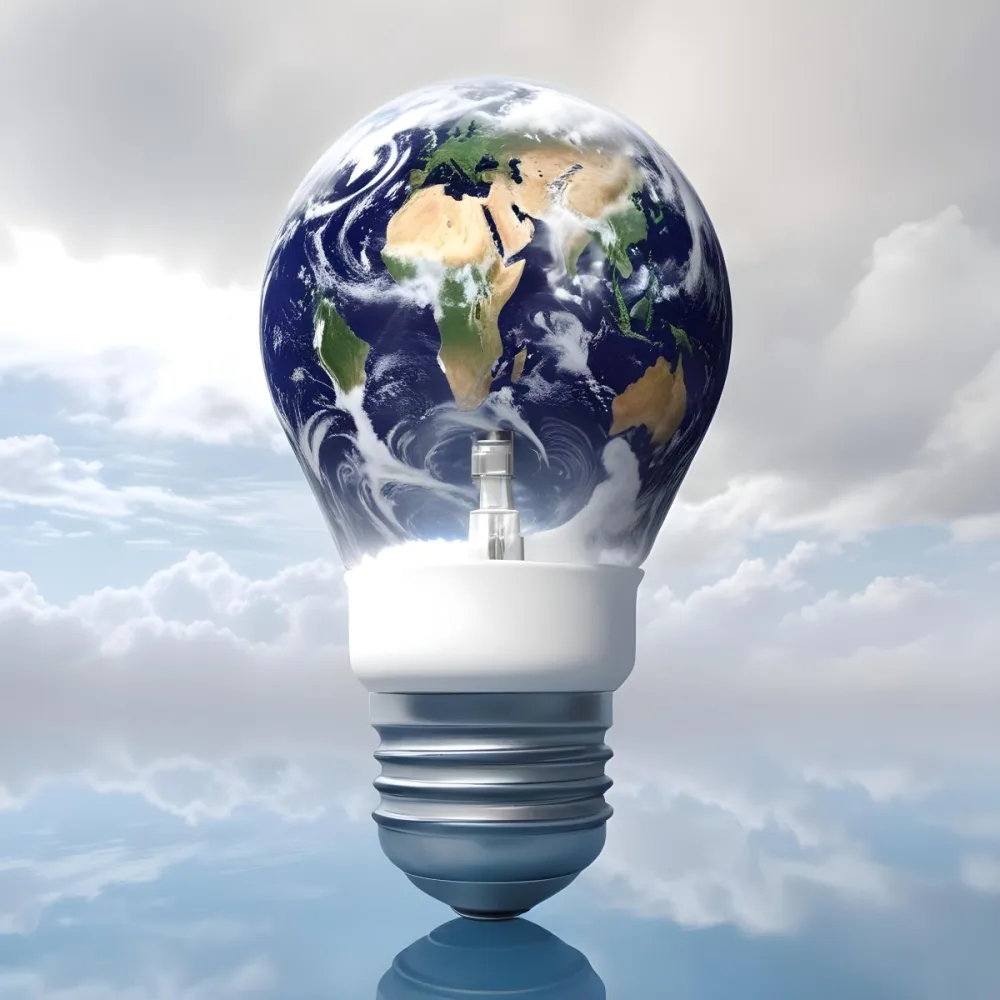 A Light Bulb With The Earth As The Bulb The Base Is White And Metallic In A Cloudy Sky Background 35 1d76
