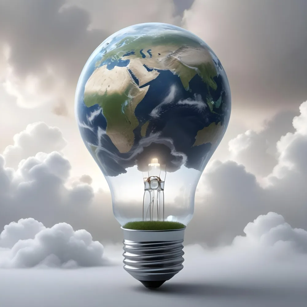 A Light Bulb With The Earth As The Bulb The Base Is White And Metallic In A Cloudy Sky Background 36 4345