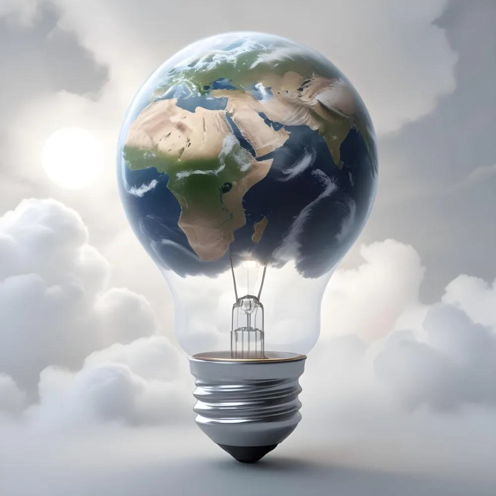 A Light Bulb With The Earth As The Bulb The Base Is White And Metallic In A Cloudy Sky Background 37 D220