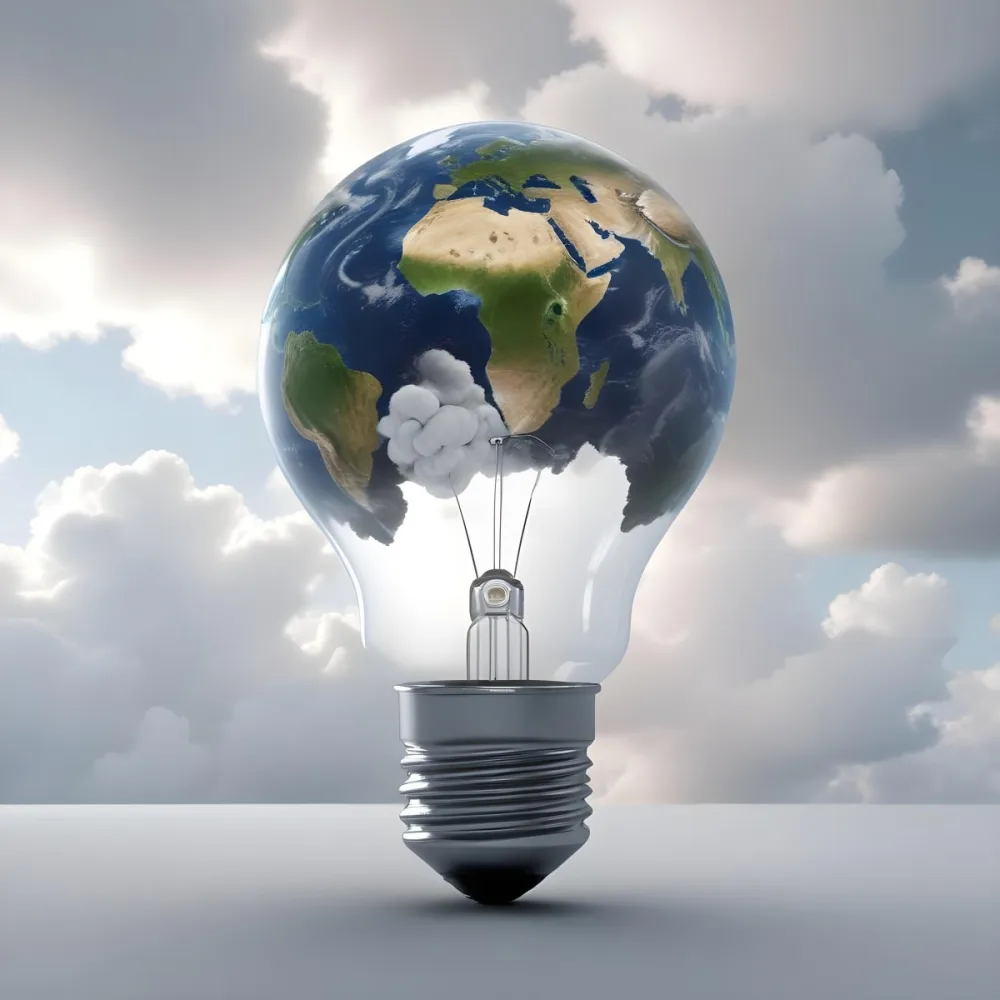 A Light Bulb With The Earth As The Bulb The Base Is White And Metallic In A Cloudy Sky Background 4 C0a6